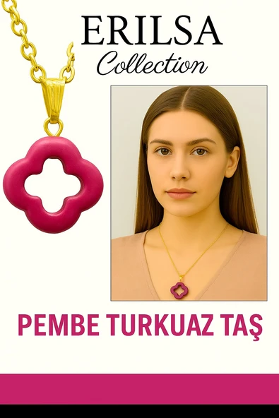 Sertifikalı Gold Yonca Model Pembe Turkuaz Taşı Kolye Duygusal Denge Sağlar ürün görseli