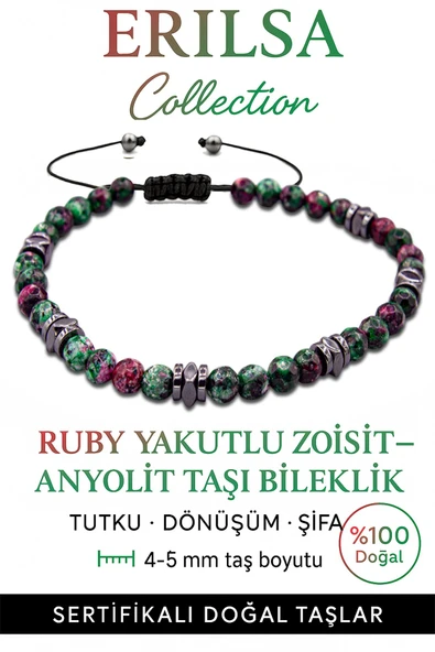 Sertifikalı Fasetli Terahertz – Ruby Zoisite (Anyolit) Taşı Bileklik (İnce Model) – Tutku, Denge ve Ruhsal Güç Taşı ürün görseli