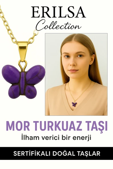 Sertifikalı Sarı Renkli Kelebek Model Mor Turkuaz Taşı Kolye – Ruhsal Denge, Şans ve Yenilenme Taşı ürün görseli