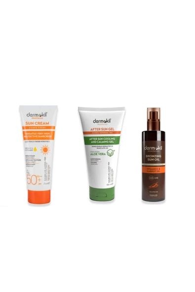 DERMOKİL Güneş Kremi Yüksek Koruyucu 50 Spf 75 ml l+After Sun Gel 100 Ml+Bronzlaştırıcı Yağ 200 Ml