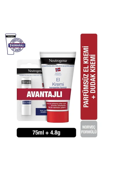 NEUTROGENA Norveç Formülü Parfümsüz El Kremi 75 Ml + Besleyici Dudak Nemlendirici 4.8gr - 2