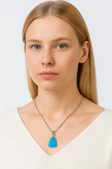 Sertifikalı AAA+ Mavi Akik Taşı Kolye – Beşgen Model, Gümüş Aparatlı - Resim 3