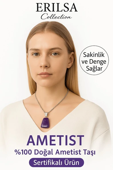 Sertifikalı AAA+ Ametist Taşı Kolye – Beşgen Model, Gümüş Aparatlı - Resim 2