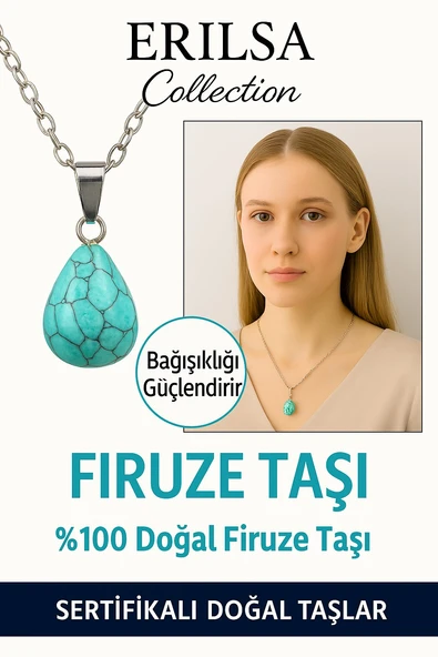 Sertifikalı Damla Model Firuze Taşı Kolye – Koruma, İletişim ve Huzur Turkuaz Taşı ürün görseli