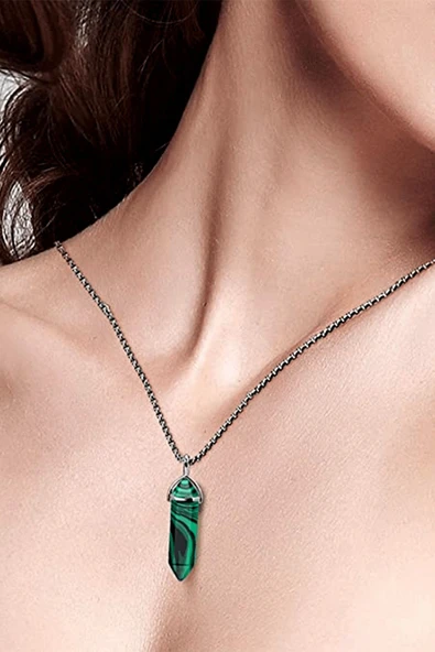 Sertifikalı Çivi Model Malahit Taşı Kolye Doğal Yeşil Siyah - Resim 2