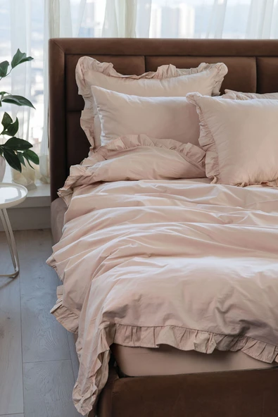 Naturis Premium %100 Pamuk Fırfırlı Çift Kişilik Nevresim Takımı - Bej