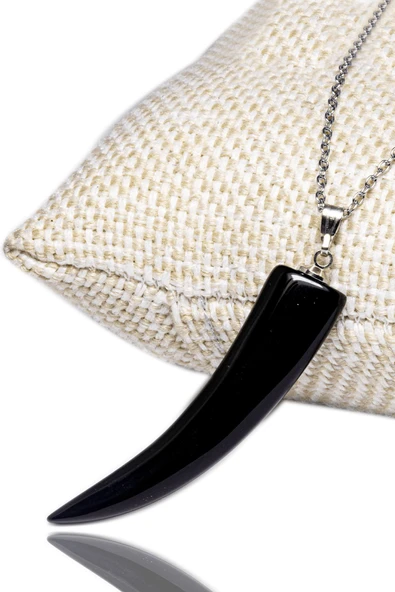 Sertifikalı Boynuz Kesim Doğal Obsidyen Taşı Kolye Doğal Siyah Renk 45 cm ürün görseli