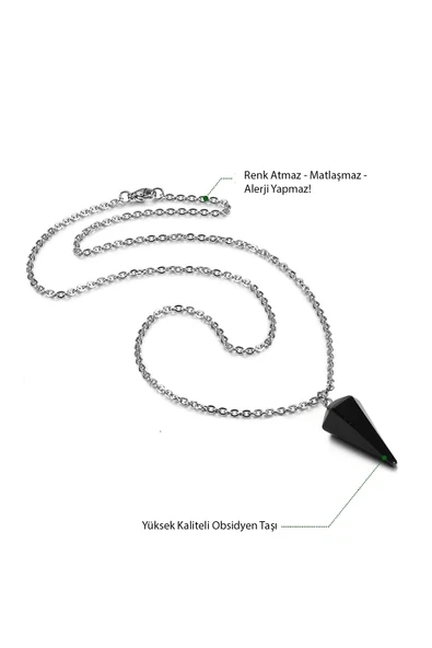Sertifikalı Doğal Obsidyen Taşı Doğal Taş Pandül Kolye Doğal Siyah Renk 45 cm - Resim 3