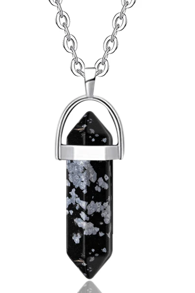 Sertifikalı Çivi Model Karlı Obsidyen Taşı Kolye Doğal Siyah Gri Renk 50 cm