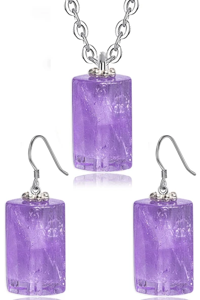 Sertifikalı Doğal Ametist Taşı Doğal Taş Kolye Küpe Seti