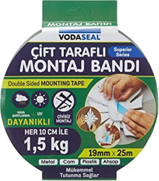 Vodaseal Çift Taraflı Köpük Montoj Bantı 19MMX25mt (Metal-Cam-Plastik-Ahşsap)