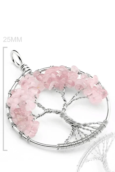Sertifikalı Doğal Pembe Kuvars Taşı Hayat Ağacı Kolye - Resim 2
