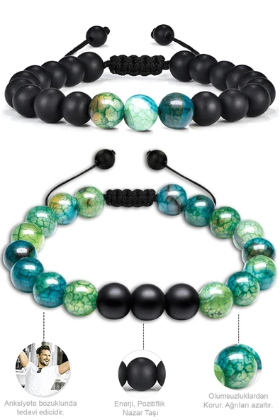 Sertifikalı Gerçek Yeşil Akik Taşı Çift Doğal Taş Bileklik Seti Doğal Mavi Yeşil Renk - Resim 2