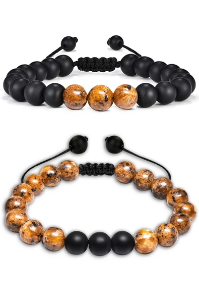 Kahverengi Siyah Benekli Jasper Taşı Makrome Bileklik Seti ürün görseli