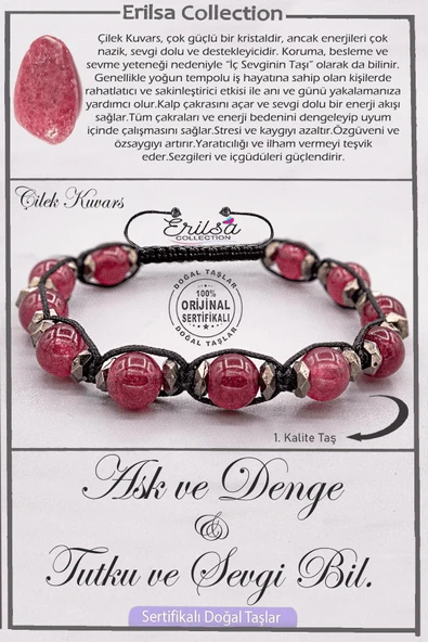 Sertifikalı AAA+ Kalite Doğal Çilek Kuvars Taşı Bileklik - Aşk Denge Tutku Sevgi Bilekliği ürün görseli