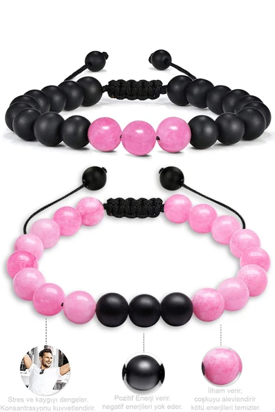 Sertifikalı Makrome Pembe Kuvars Taşı Doğal Taş Bileklik Seti - Resim 2