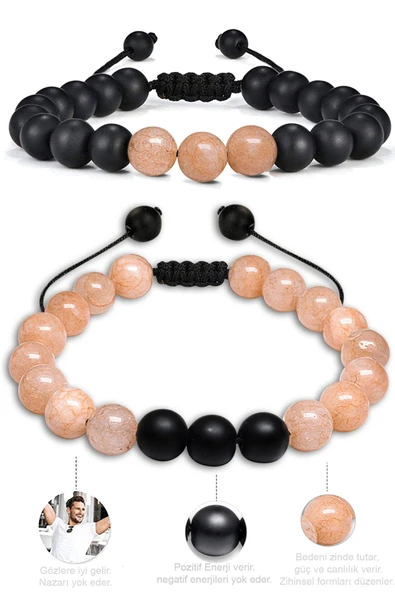 Sertifikalı Gerçek Pembe Renk Kuvars Taşı Çift Doğal Taş Bileklik Seti Doğal Bej Renk - Resim 2