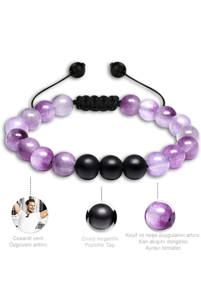Sertifikalı Doğal Şeffaf Mor Ametist Oniks Taşı Doğal Taş Bileklik Seti - Resim 3