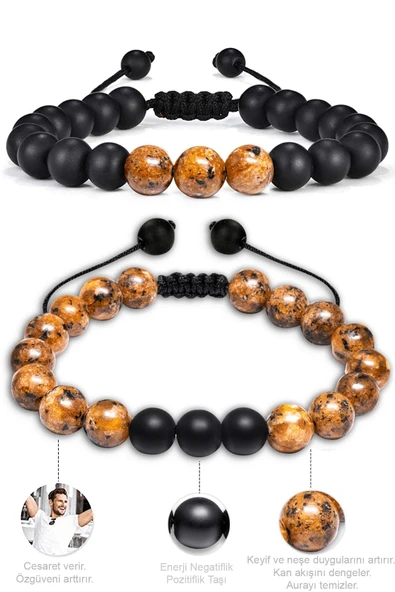 Kahverengi Siyah Benekli Jasper Taşı Makrome Bileklik Seti - Resim 2