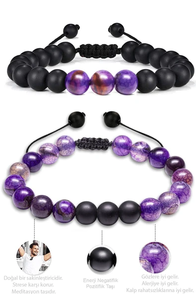 Mor Akik Doğal Taş Makrome Bileklik - Resim 3