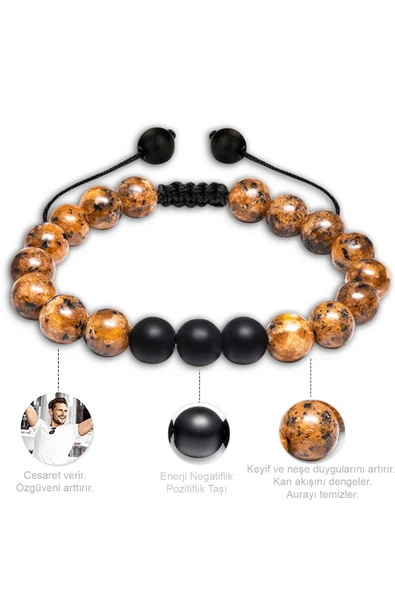 Kahverengi Siyah Benekli Jasper Taşı Makrome Bileklik Seti - Resim 3