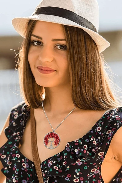 Sertifikalı Doğal Pembe Kuvars Taşı Hayat Ağacı Kolye - Resim 4