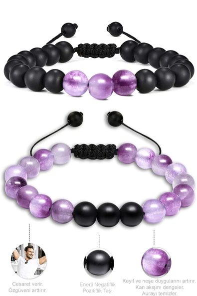 Sertifikalı Doğal Şeffaf Mor Ametist Oniks Taşı Doğal Taş Bileklik Seti - Resim 2