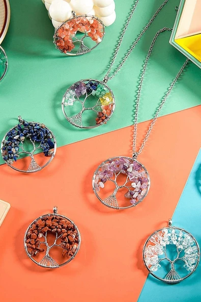 Sertifikalı Doğal Pembe Kuvars Taşı Hayat Ağacı Kolye - Resim 3