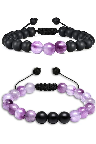 Sertifikalı Doğal Şeffaf Mor Ametist Oniks Taşı Doğal Taş Bileklik Seti ürün görseli