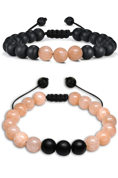 Sertifikalı Gerçek Pembe Renk Kuvars Taşı Çift Doğal Taş Bileklik Seti Doğal Bej Renk ürün görseli