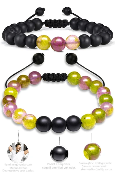 Sertifikalı Doğal Yeşil Yosun Akik Oniks Taşı Doğal Taş Bileklik Seti - Resim 2