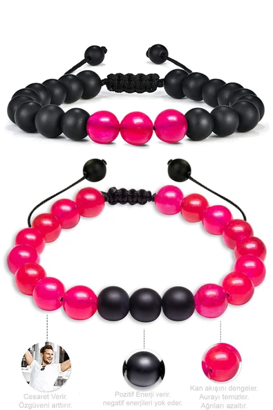 Pembe Akik Taşı Çift Doğal Taş Bileklik Seti - Resim 2