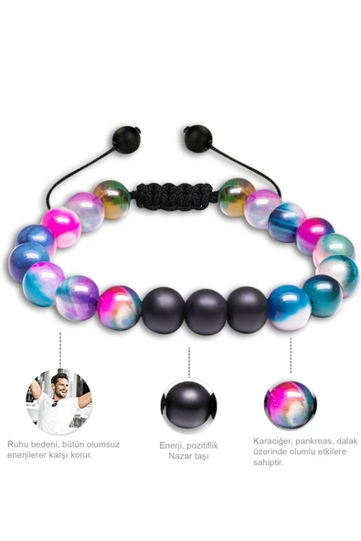 Sertifikalı Doğal Pembe Mor Mavi Şeffaf Opal Oniks Taşı Doğal Taş Bileklik Seti - Resim 4