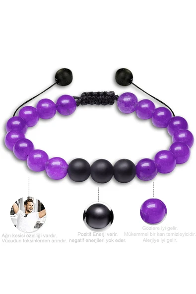 Sertifikalı Makrome Örgü Ametis Taşı Doğal Taş Bileklik Seti - Resim 3