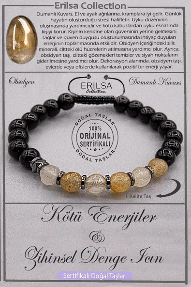 Sertifikalı AAA+ Kalite Obsidyen - Dumanlı Kuvars Şifa Bilekliği – Enerji ve Zihinsel Denge İçin