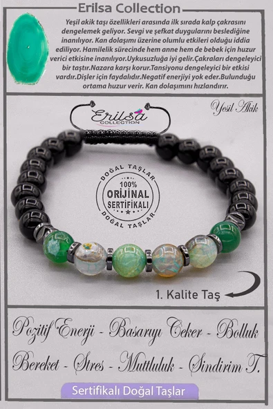 Sertifikalı AAA+ Kalite Gerçek Obsidyen - Yeşil Akik Taşı Bileklik ürün görseli