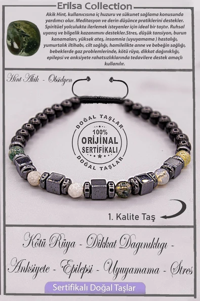 Sertifikalı AAA+ Kalite Gerçek Obsidyen - Hint Akik Taşı Bileklik - Ayarlamalı ürün görseli