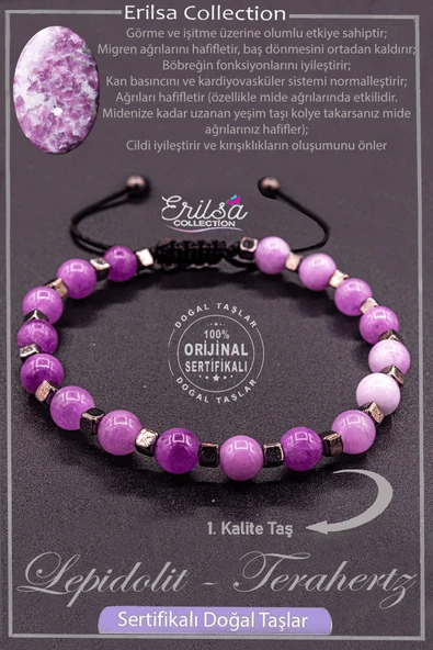 Sertifikalı AAA+ Kalite Gerçek Terahertz - Lepidolit Taşı Bileklik - Peygamber Taşı ürün görseli