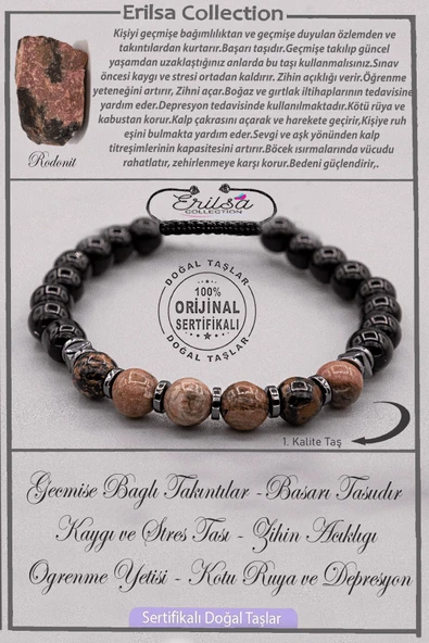 Sertifikalı AAA+ Kalite Gerçek Obsidyen - Rodonit Taşı Bileklik - Ayarlamalı ürün görseli 1