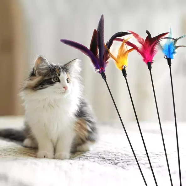 Çıngıraklı Tüylü Kedi Oyun Çubuğu