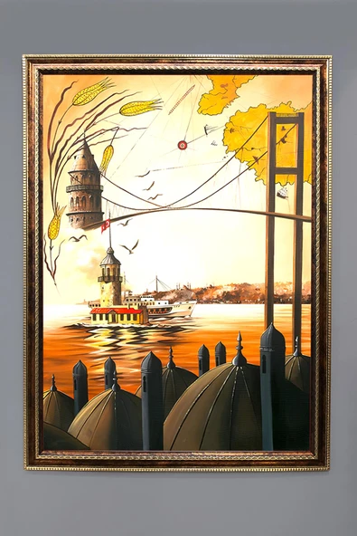 Köprü, Galata Kulesi ve Kız Kulesi Desenli Çerçeveli Duvar Tablosu 50x70cm OSMN07 RENKLİ 50 X 70