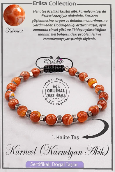 Sertifikalı AAA+ Kalite Gerçek Terahertz - Karnelyan Akik Taşı Bileklik (Karneol) ürün görseli