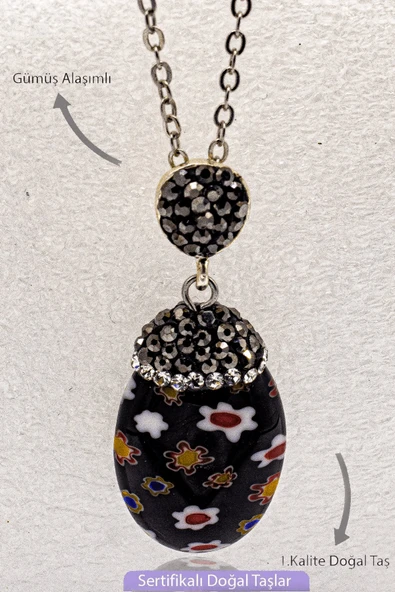 Sertifikalı Zirkon Taşlı Model Siyah Murano Kuvars Taşı Kolye ürün görseli
