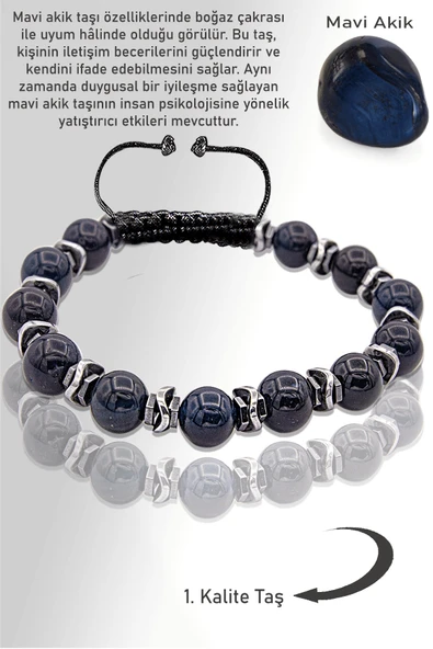 Sertifikalı AAA Hematit Aparatlı Mavi Akik Taşı Bileklik - Resim 2