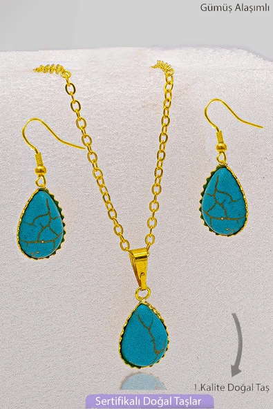 Sertifikalı Damla Tırnaklı Model Firuze Taşı Kolye ve Küpe Seti - Gold Renkli