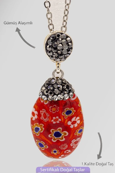 Sertifikalı Zirkon Taşlı Model Kırmızı Murano Kuvars Taşı Kolye
