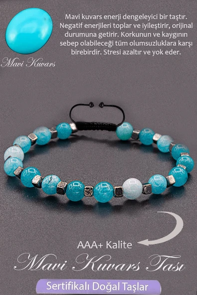 Sertifikalı AAA+ Kalite Gerçek Terahertz - Mavi Kuvars Taşı Bileklik - Resim 2