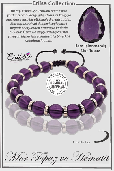 Sertifikalı Ham İşlenmemiş Hematit - Mor Topaz Taşı Bileklik ürün görseli