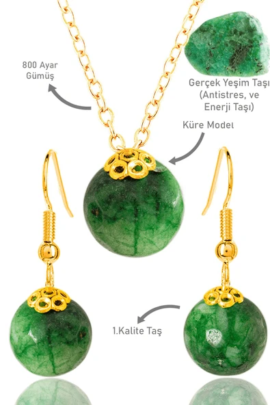 Sertifikalı Küre Model Fasetli Yeşim Taşı Kolye ve Küpe Seti - Gold Renkli