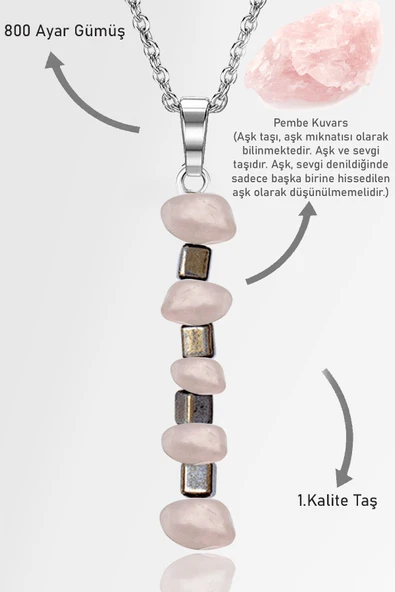 Sertifikalı AAA+ Kırık Taşlı Model Pembe Kuvars Taşı Kolye - Açık Renkli